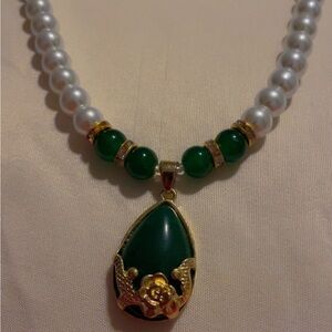 Green and Gold Gemstone Pearl Necklace